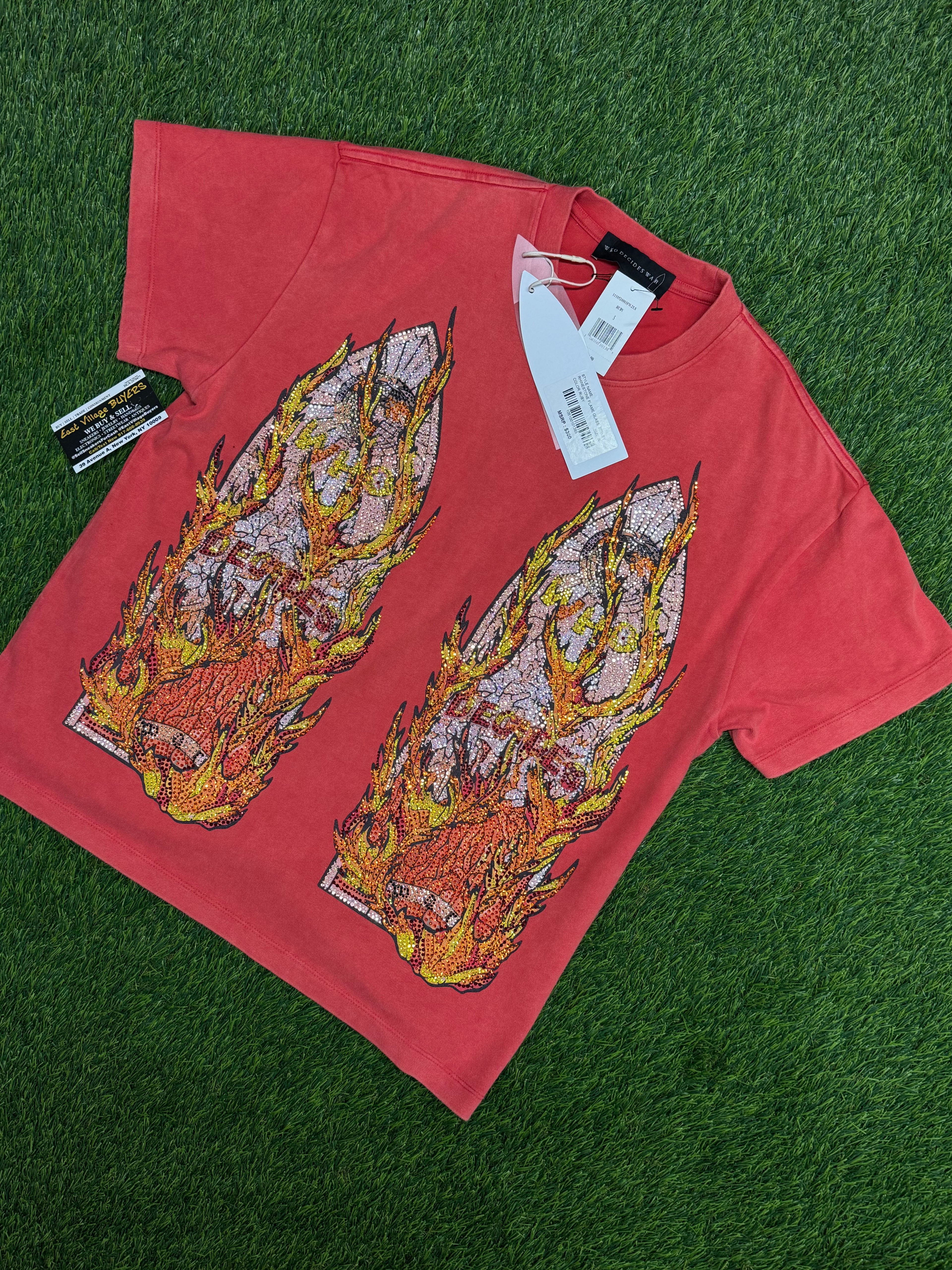 Who Decides War Rhinestone Flame Glass Jersey T-shirt